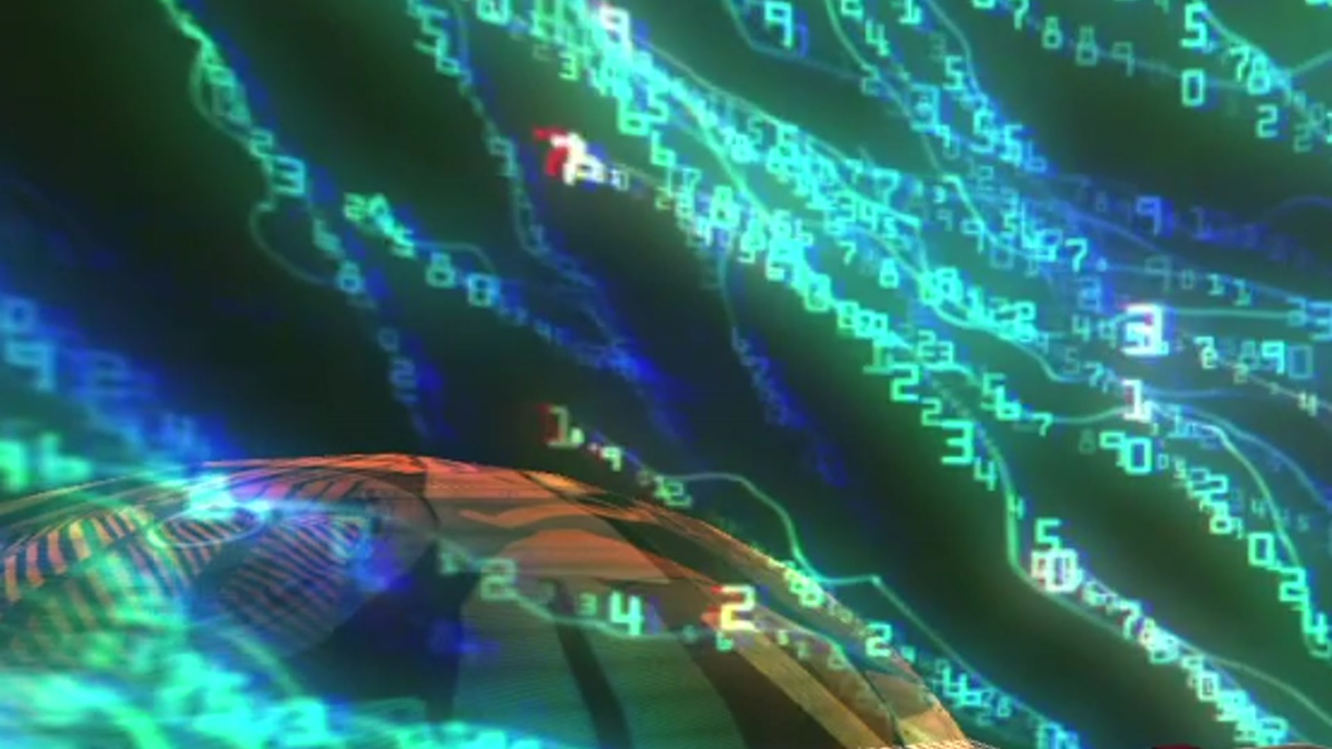 Hacked VR — orb foreground, data streams Act IV